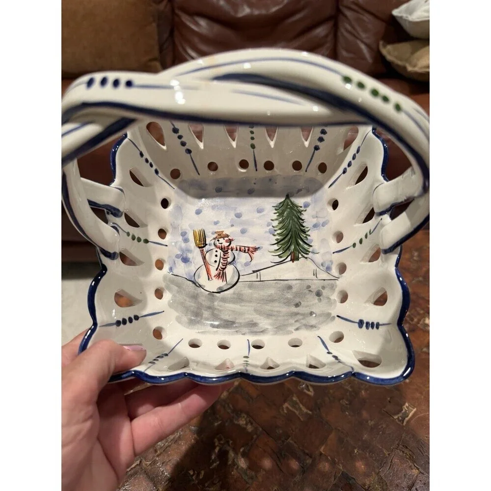 RCCL Portugal Porcelain Hand Painted Square Basket w/ Braided Handle- Christmas